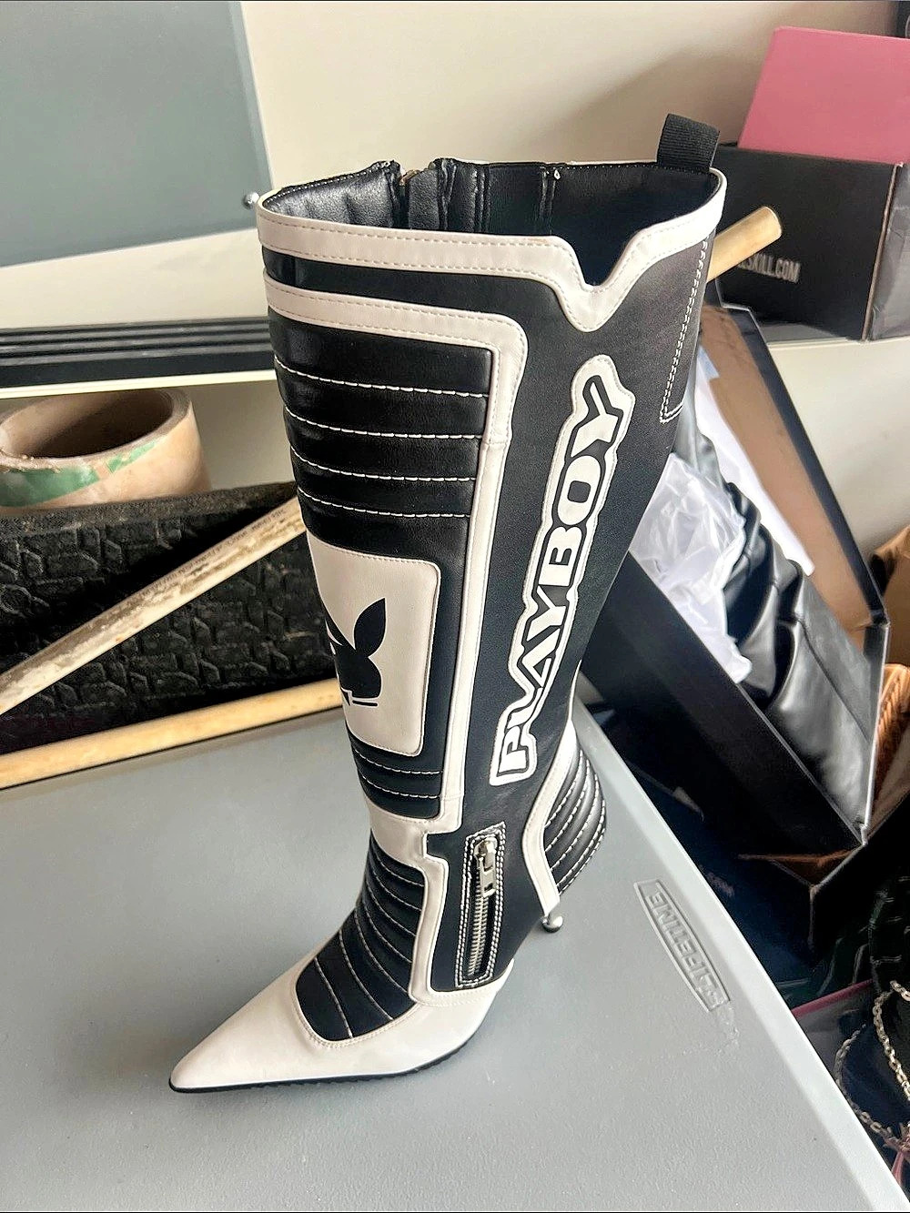 Playboy Revved Up Ready Moto Boots Black & White US 10M